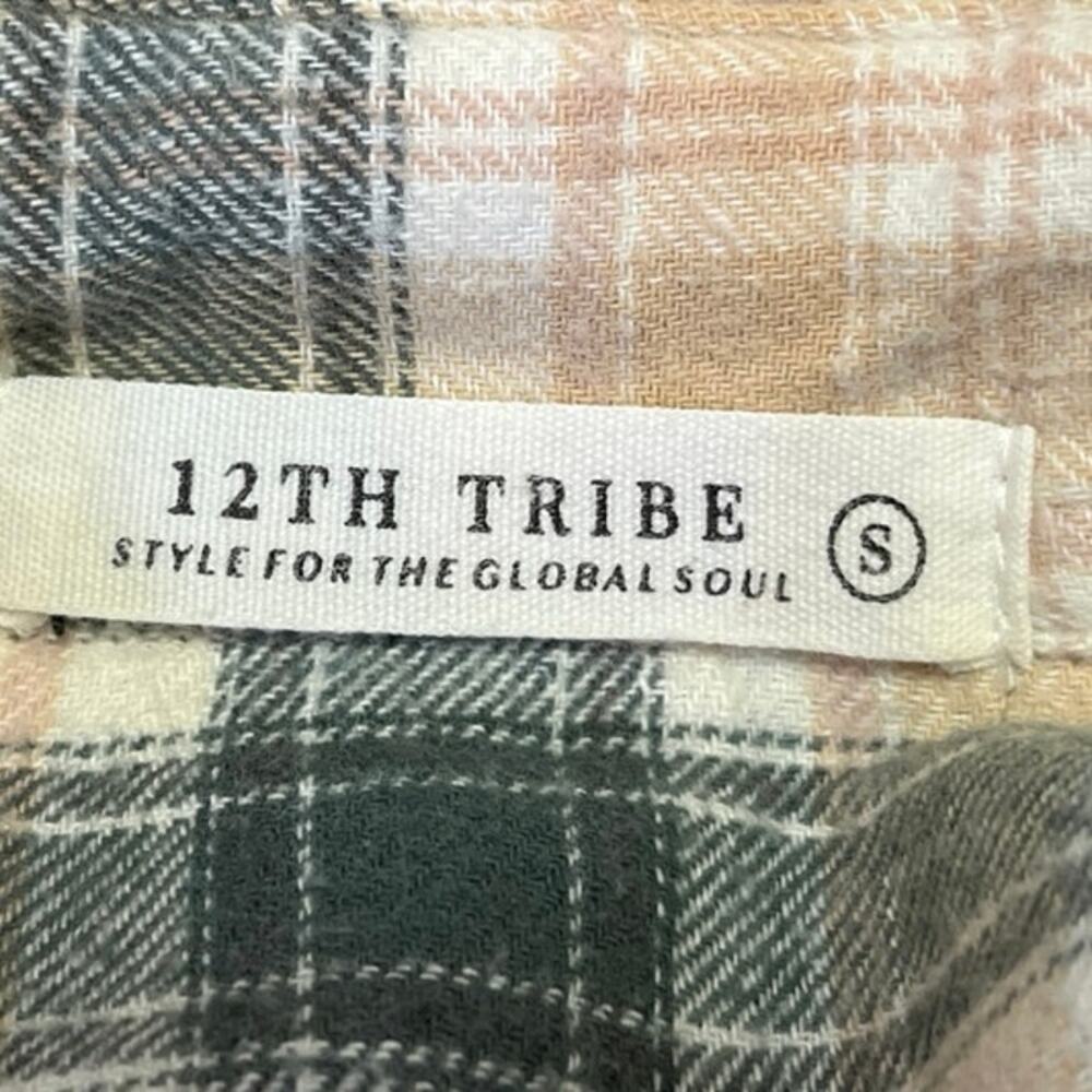 12th Tribe Green Beige Plaid Checkered Flannel Button Down Shirt Blouse Top Sz S - Picture 3 of 4